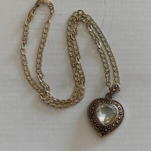 Vintage Antique Bronze and silver tone heart pendant necklace on chain